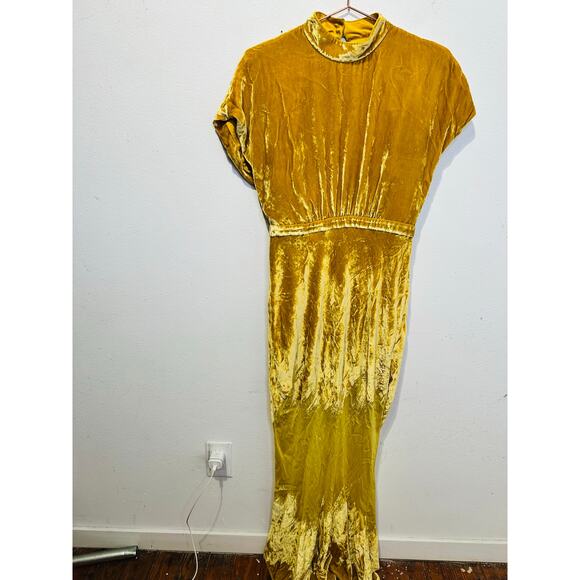 SALONI Gold Velvet High Neck Cinched Waist Cap Sleeves Fabienne Gown size US 8 - Picture 2 of 16